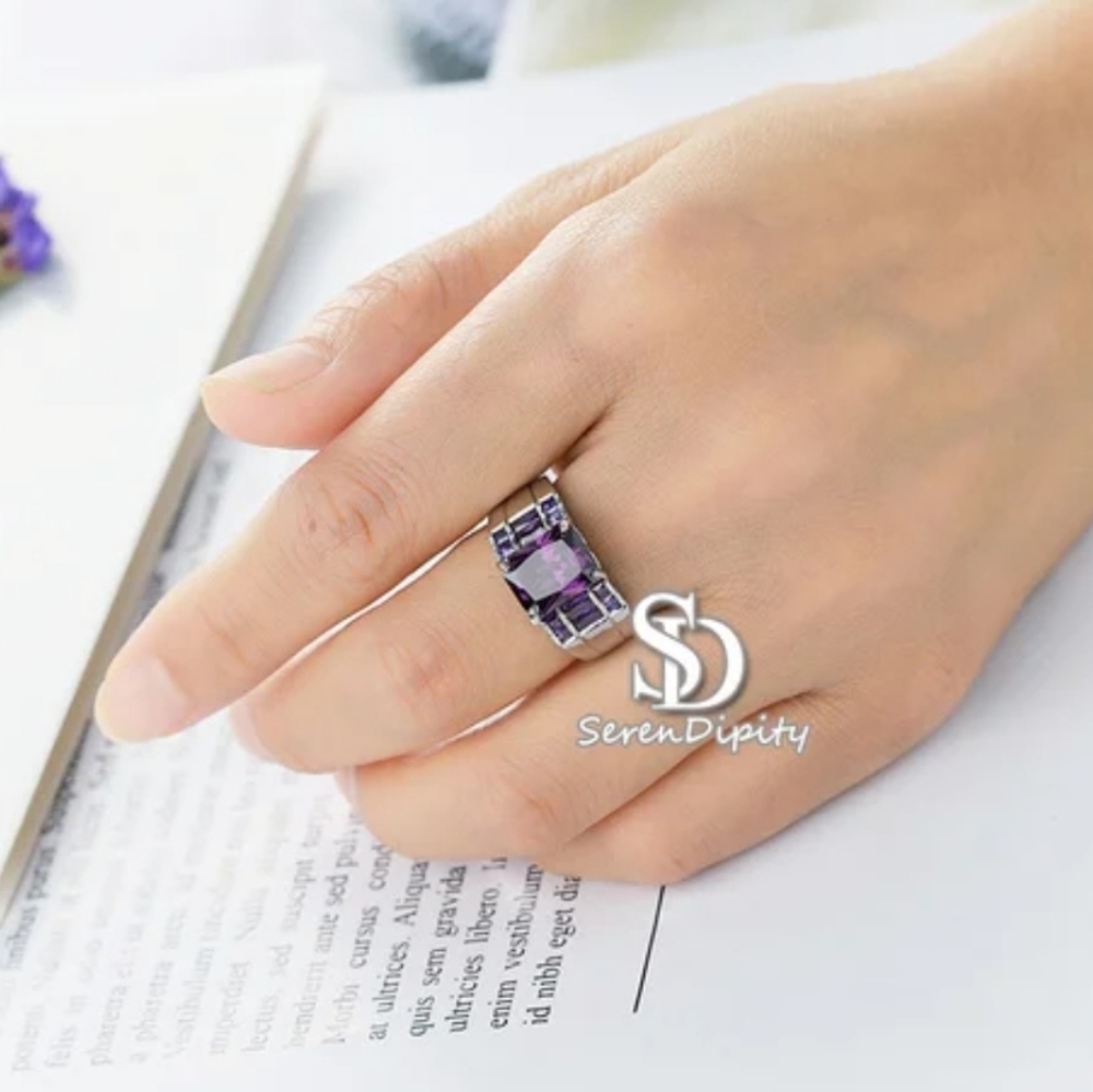 Genuine 0.925 Sterling Silver Amethyst Ring Exquisite Princess Cut Luxury - Picture 10 of 15